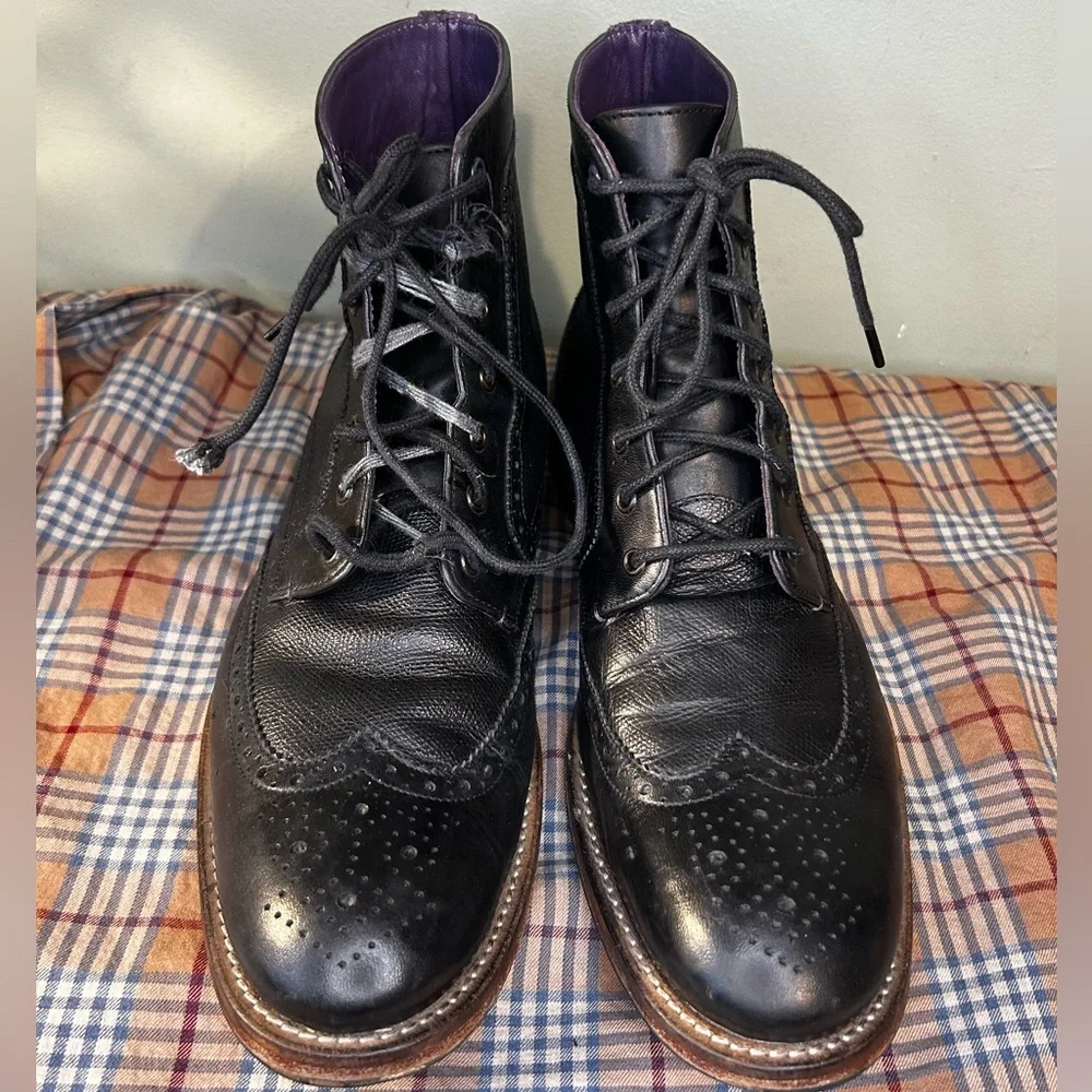 Ted Baker Sealls 3 Black & Purple Accent Leather Wing-tip Brogue Boots